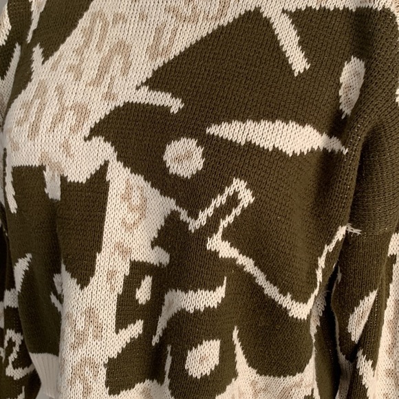 Vtg botanical leaf leopard sweater green cream size small abstract - Picture 2 of 5